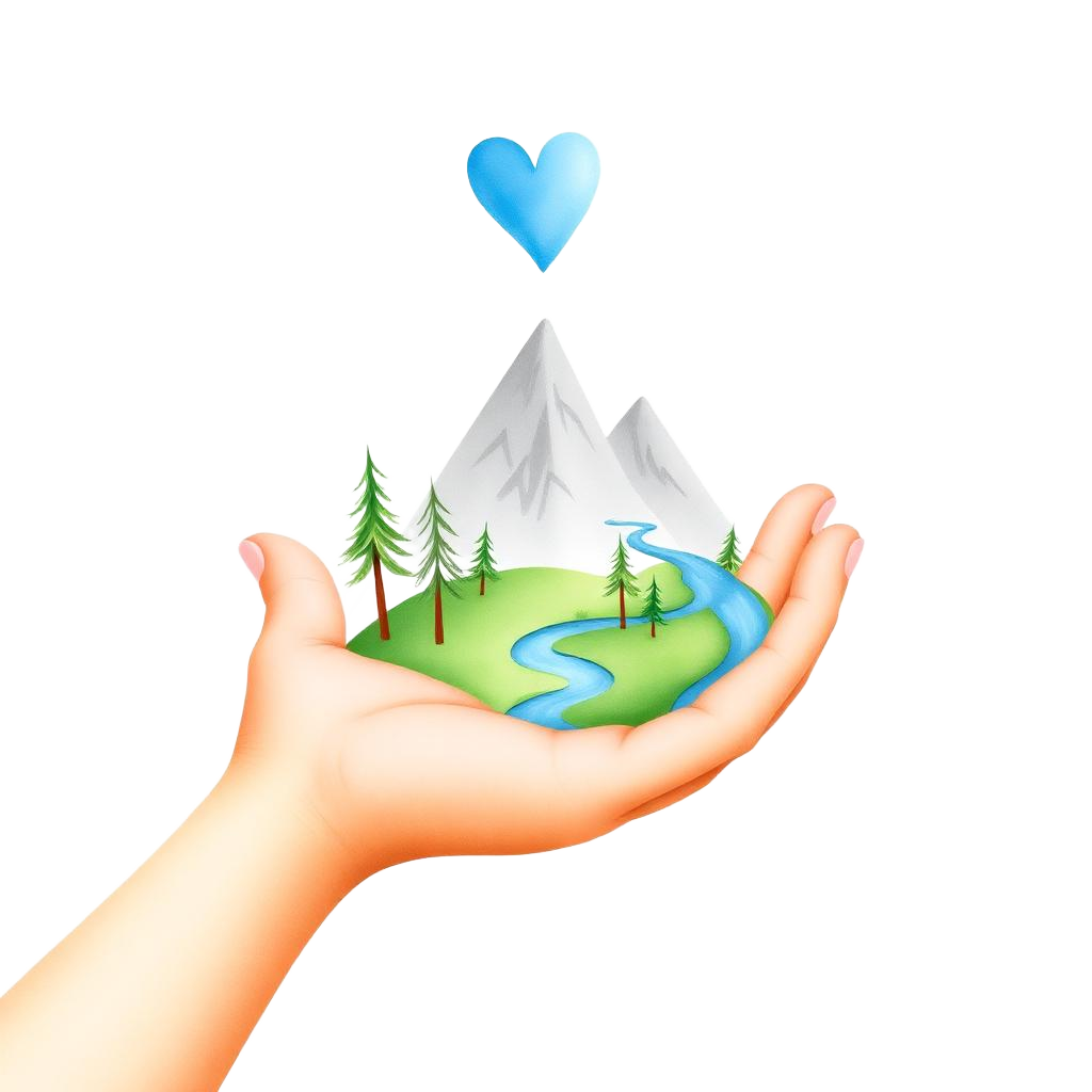 Hand holding mountains and a river